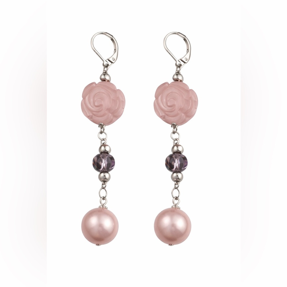 Cookie Lee Pink Rose Carved Bead & Pearl Drop Earrings Excellent Condition